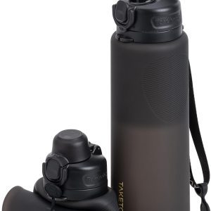 Collapsible 32oz Silicone Water Bottles, Foldable Travel Bottle with Straw, BPA Free, Leakproof for Hiking, International Travel, Outdoors (Black)