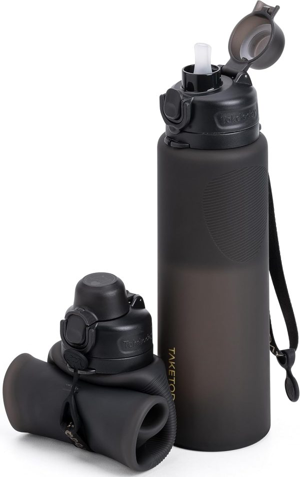 Collapsible 32oz Silicone Water Bottles, Foldable Travel Bottle with Straw, BPA Free, Leakproof for Hiking, International Travel, Outdoors (Black)