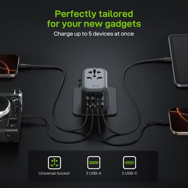 EPICKA Pulse 45W European Travel Plug Adapter, Universal Power Adapter with PD Fast Charging, 5-Port (1 AC/2 USB-A/2 USB-C) International Charger Adapter for Europe, Japan - Travel Essentials (Black) - Image 2