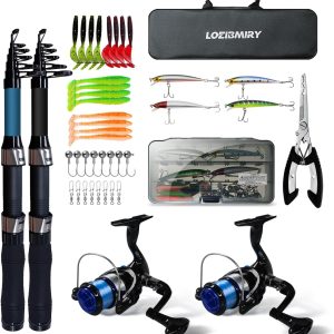 Fishing Rod Reel Combos, 2 Pack 2.1m/6.89ft Telescopic Fishing Poles with Spinning Reels Fishing Lures Fishing Pliers and Travel Bag for Saltwater Freshwater Beginner Fishing Tackle Set