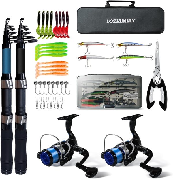 Fishing Rod Reel Combos, 2 Pack 2.1m/6.89ft Telescopic Fishing Poles with Spinning Reels Fishing Lures Fishing Pliers and Travel Bag for Saltwater Freshwater Beginner Fishing Tackle Set