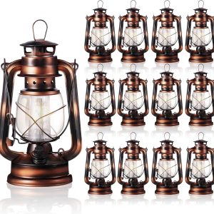 Hortsun 4 Pieces 8 Inch Vintage LED Hurricane Lantern 12 Warm LEDs and Dimmer Switch Battery Operated Farmers Hanging Lantern for Indoor Outdoor Camping Usage Decor